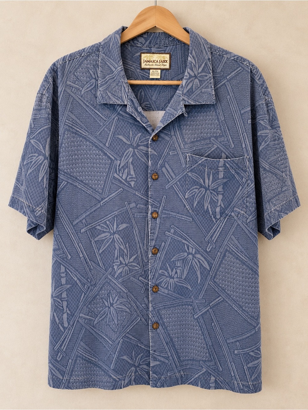 Vintage 100% Silk Jamaica Jaxx Hawaiian Camp Shirt Blue Palm Print Men’s XL